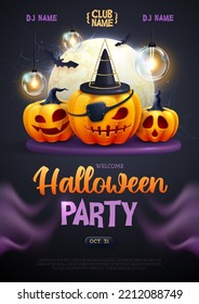 Halloween holiday disco party poster with realistic 3D halloween pumpkins. Vector illustration