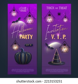 Halloween holiday disco party poster with realistic 3D halloween pumpkin. Invitation design. Vector illustration