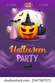 Halloween holiday disco party poster with realistic 3D halloween pumpkins. Vector illustration