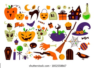 Halloween holiday doodle set. Collection of bats spooky pumpkins owls scary creatures alchemic vodoo equipment isolated on white. Illustration for print of all saints day and witchcraft symbols.