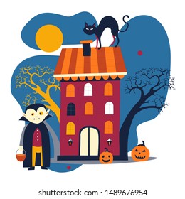 Halloween holiday, Dracula and vampire castle, moon and black cat, pumpkins and bare trees vector. Building in night forest, kid in scary costume with basket. Horror and mystery, haunted place