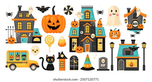 Halloween holiday element set design with cute haunted house. Template for greeting card, party invitation, banner and poster. Vector illustration