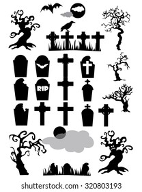 Halloween Holiday Elements collection with Bat, Tombstones, Scary Trees, Moon