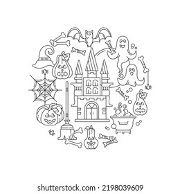 Halloween holiday elements collection. Vector, line illustration. Castle, pumpkins, cobwebs, ghosts.