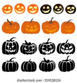 Halloween Holiday Elements Set. Collection With Different Pumpkins Over White Background for Creating Halloween Designs.  Vector illustration.