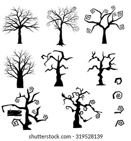 Halloween Holiday Elements Set. Collection With Gothic Trees Over White Background for Creating Halloween Designs.  Vector illustration.