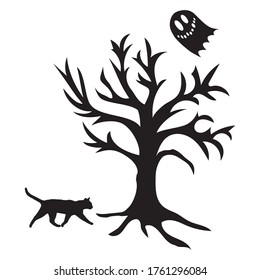 Halloween holiday. Elements of a tree, cat, ghost. Can be used for decoration, packaging, fabric, picture.