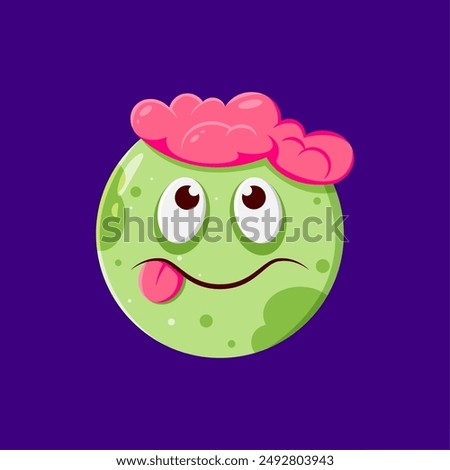 Halloween holiday emoji, cartoon vector zombie character with green face, squint eyes, tongue, pink brain in cracked head and rotting spotted flesh, symbolizing the undead, horror, and Hallowmas vibes