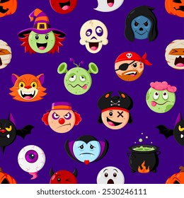 Emoji de vacaciones de Halloween sin patrón. Fondo de Vector con gato, bruja, murciélago y pirata. Payaso, vampiro, caldero o globo ocular con fantasma, cráneo y momia. Zombi, diablo, parca y alienígena