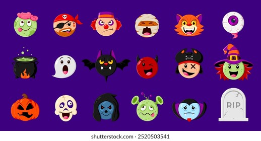 Conjunto de emojis de vacaciones de Halloween, monstruos de dibujos animados y emoticonos de fantasmas y caras espeluznantes, sonrisas de Vector. Emoji de libro de vacaciones de Halloween de zombie espeluznante y momia divertida, caldero de bruja con calabaza y vampiro