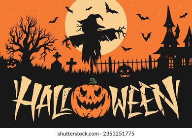 Halloween holiday eve colorful poster with scary pumpkin and garden scarecrow near mansion on night of october 31 vector illustration