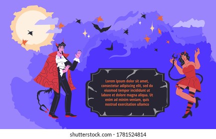 Halloween holiday fantasy poster or banner template with man and woman in costumes and place for text. Devil Woman and vampire characters on purple background. Cartoon vector illustration.