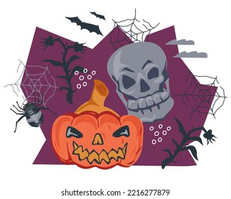 Halloween holiday and festivals banner or emblem design with pumpkin lantern monster and skull, flat vector isolated illustration on white background. Halloween layout for party invitation and card.