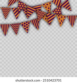 halloween holiday flags, vector illustration of several streamers with triangular flags en purple and pumpkin color. isolated. design element for cards, greetings, background