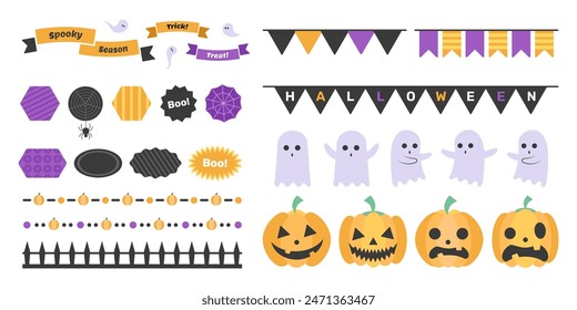 Halloween holiday flat sticker sat with flags, aesthetic dividers, pumpkins, ghosts and ribbons. Vector design elements illustration.