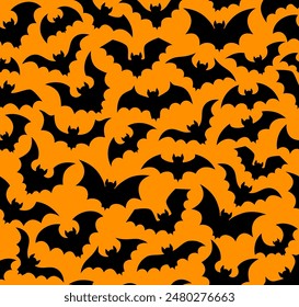 Halloween holiday flying bats seamless pattern. Vector tile background with bewitching eerie vampire bats flock silhouettes against a hauntingly vibrant orange backdrop. Scary and spooky wallpaper