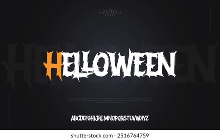 Fuente de vacaciones de Halloween, tipo aterrador, tipo de letra espeluznante, alfabeto mágico de brujería. Letras y números de terror de tipografía de Vector sobre fondo grunge espeluznante con fantasma de miedo, murciélagos, gato negro y sombrero de bruja