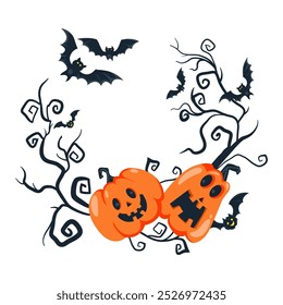 Halloween holiday frame banner design with creepy pumpkins, bat, and scary prickly tree branches vector illustration isolated on white background.Scary holiday borders with creepy pumpkin faces design