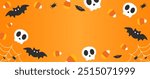 Halloween holiday frame, border with copy space. Spooky skulls, candy, spiders, bats. Vector banner, background illustration template.