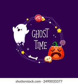 Halloween holiday frame with flying kawaii ghosts and trick or treat sweets, cartoon vector. Halloween horror night party and ghost time quote with funny boo ghost, scary pumpkin and lollipop in frame