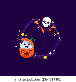 Halloween holiday frame with kawaii ghost peek out from pumpkin, skull, flag garland, stars and confetti. Isolated round border for capturing the spirit of the season with funny playful friendly spook