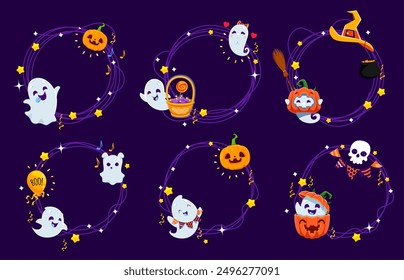 Halloween holiday frames with kawaii ghosts and pumpkin, vector borders. Halloween and trick or treat party circle frames with cartoon spooky skull, cute boo ghost and witch cauldron for greeting card