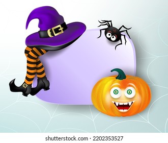 Halloween Feiertag lustige Geschenkkarte oder Banner. Lächelndes Kürbisgesicht, zwitscherte Beine tragen violetten Hut, Spinne auf Hintergrund mit Spinnennetz. Bearbeitbare Vektorgrafik