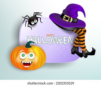 Halloween holiday funny gift greeting card or banner with smiling pumpkin face, witch's striped legs wearing purple hat, spider, spider web. Editable Vector illustration