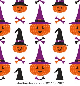 Halloween holiday funny seamless geometric vector pattern. Cute scary pumpkin in witch hat bones cartoon design element. Halloween celebration decorative print wallpaper banner background illustration