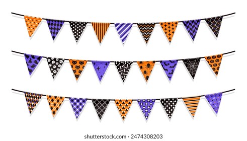 Halloween holiday garland pennant flags. October party or event decorations, Happy Halloween party vector garland scary flags with spider, skull, pumpkin and cobweb, ghost, bat geometric patterns