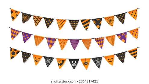 Halloween holiday garland pennants and flags. Halloween trick or treat party vector decor. Cartoon buntings of black, orange and purple triangle flags with geometrical pattern, skull, spider, cobweb