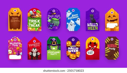 Etiquetas de regalo de Halloween. Insignias de Vector aisladas con fantasmas, caras de linterna Jack, dulces y sombrero de bruja, diablo, caldero. Conjunto de tarjetas festivas decorativas para regalos con lugar para nombre o mensaje