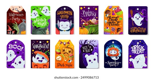 Halloween holiday gift tags. October horror holiday, fall season sale festive tags or Happy Halloween celebration vector labels or stickers with ghosts kawaii characters, candies treats and pumpkins