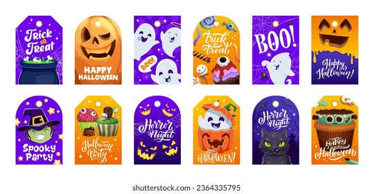 Halloween Feiertagsgeschenk-Tags mit Kürbis, Monstern und Geistern, Cartoon-Vektorgrafik. Fröhliche Halloween- und Trick- oder Trick-Tags mit leckeren Süßigkeiten und beängstigenden Bonbons aus Skelettschädel und Hexentränke