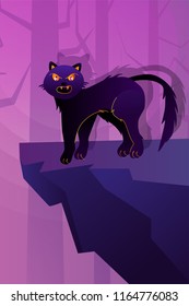 Halloween holiday greeting card with cat at scary wood. Vector Illustration. Trick or Treat Concept.