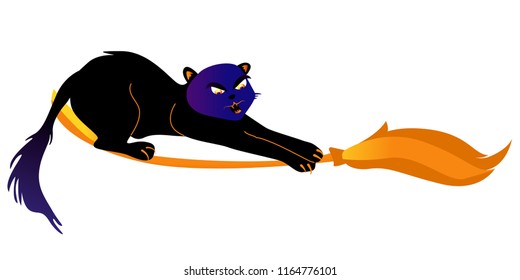 Halloween holiday greeting card with cat. Cat flies on the broomstick. Vector Illustration. Trick or Treat Concept.