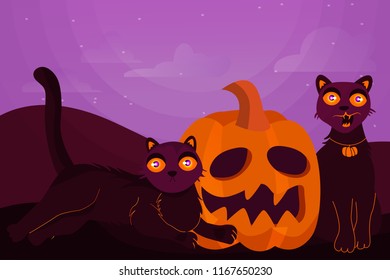 Halloween holiday greeting card with cats and pumpkins on dark landscape.   Vector Illustration. Trick or Treat Concept.