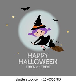 Halloween holiday greeting card with cute witch and black cat are flying to the moon. Horror night background. Trick or treat.