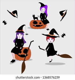 Halloween holiday greeting card with cute witch, pumpkin and black cat.