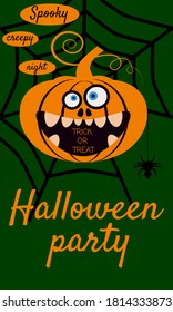Halloween holiday greeting card merry pumpkin in spider web. Template banner, flyer, poster