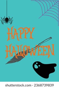 Halloween holiday greeting card merry pumpkin, spider web, witch, cemetery