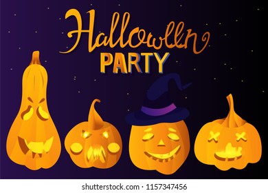 Halloween holiday greeting card with  pumpkins and lettering. Vector Illustration. Trick or Treat Concept.