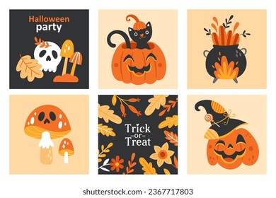 Halloween holiday greeting card set with cute jack o lantern pumpkin, black cat, mushrooms and autumn leaves. Hand drawn print for stickers, banner and decoration