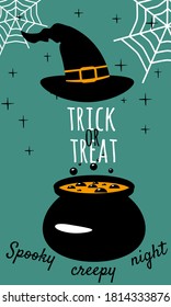 Halloween holiday greeting card Trick Or Treat. Witch hat cauldron. Template banner