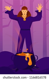 Halloween holiday greeting card. Vampire conjures in the woods. Vector Illustration. Trick or Treat Concept.