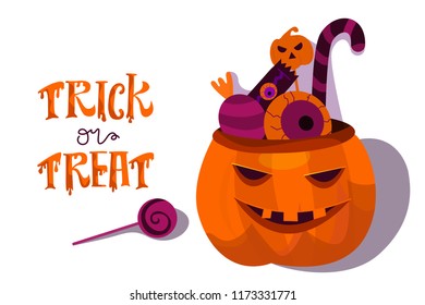 Halloween holiday greeting card. Halloween  vector composition with pumpkin and more halloween candys.  Illustration isolated on white background. Vector illustration. Trick or Treat Concept. 