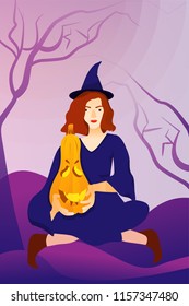 Halloween holiday greeting card with witch and pumpkin. Vector Illustration. Trick or Treat Concept.