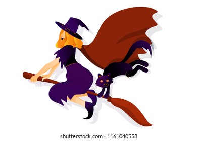 Halloween holiday greeting card with witch and cat. Witch flies on the broomstick. Vector Illustration. Trick or Treat Concept.