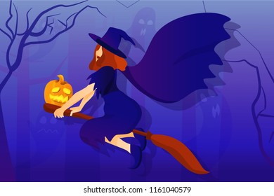 Halloween holiday greeting card with witch and pumpkin. Witch flies on the broomstick. Vector Illustration. Trick or Treat Concept.