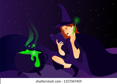 Halloween holiday greeting card. Young witch cooks a magical potion. Vector Illustration. Trick or Treat Concept.
